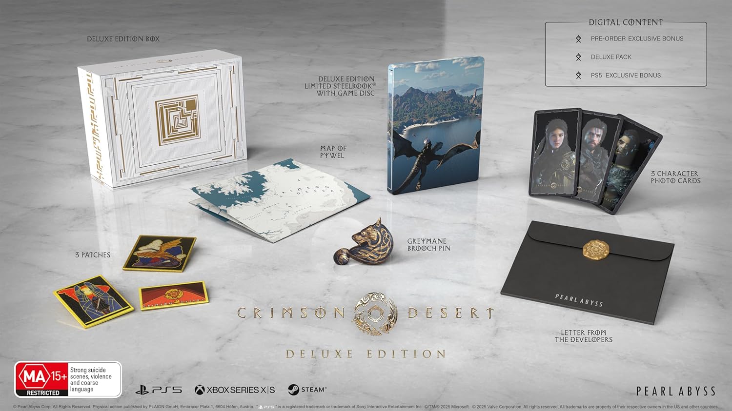 Crimson Desert physical edition, including an assortment of collectible items