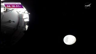NASA's Artemis 2 Orion capsule approaches the moon during its history-making flyby on April 6, 2026.