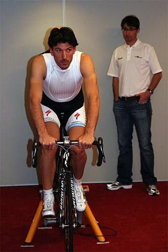 World time trial champion Fabian Cancellara during his assessment. Recently retired pro Bobby Julich is watching.