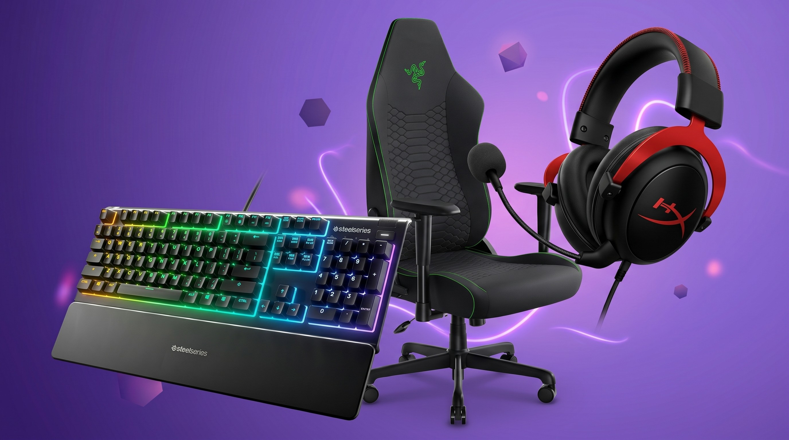 A gaming chair, keyboard and pair of headphones on a purple background
