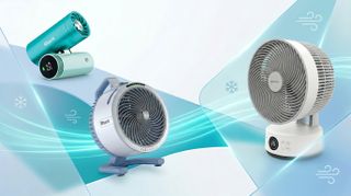 Three electric fans on a blue background with stylized snowflakes and lines representing wind
