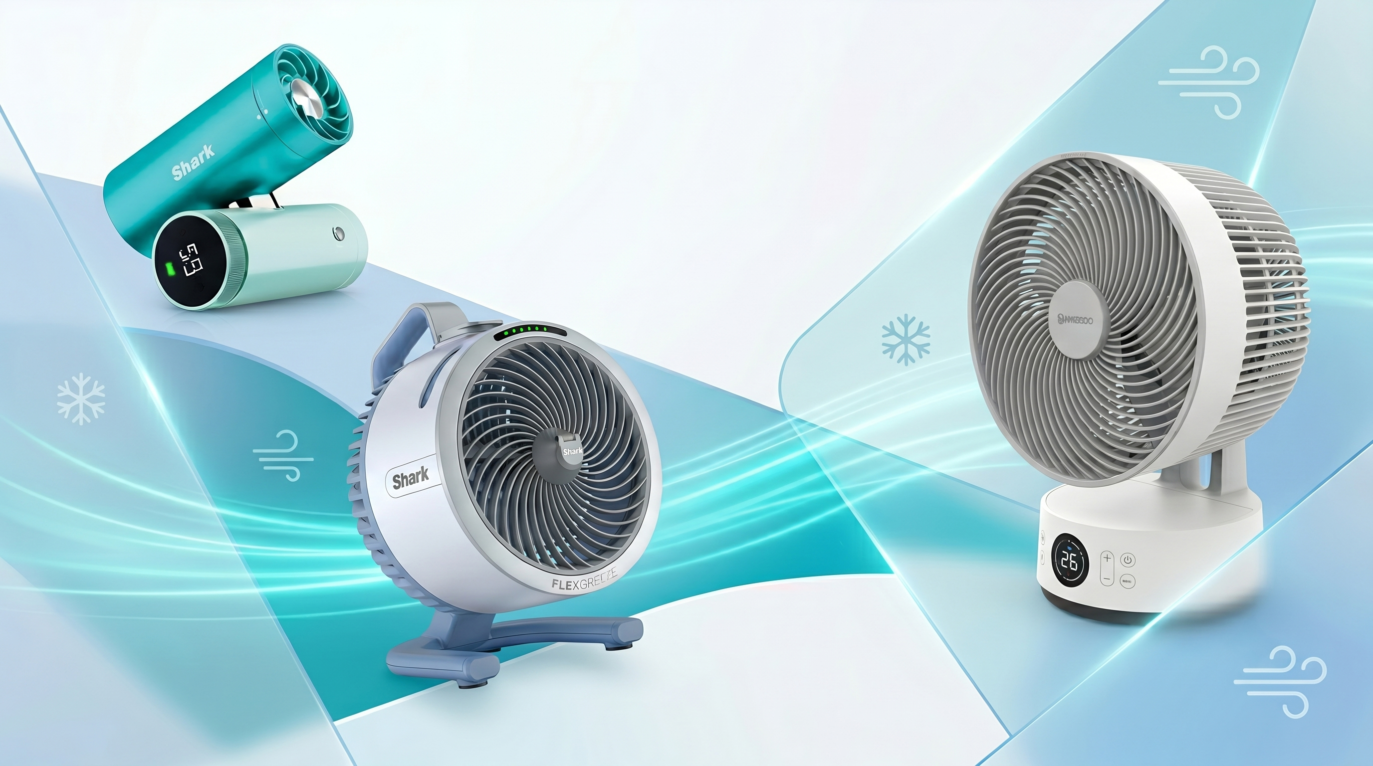 Three electric fans on a blue background with stylized snowflakes and lines representing wind