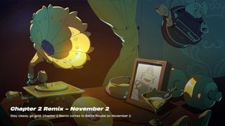 A teaser image for Fortnite Chapter 2 Remix, showing a gold gramophone, a framed picture of Princess Fishstick, as well as the text: "Chapter 2 Remix - November 2"