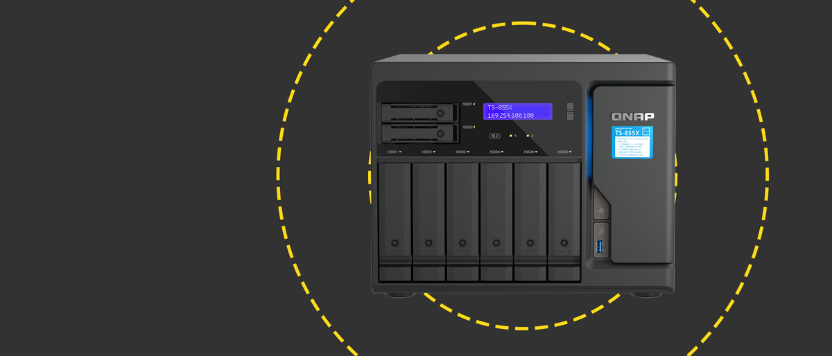 The Qnap 855x desktop NAS on the ITPro background