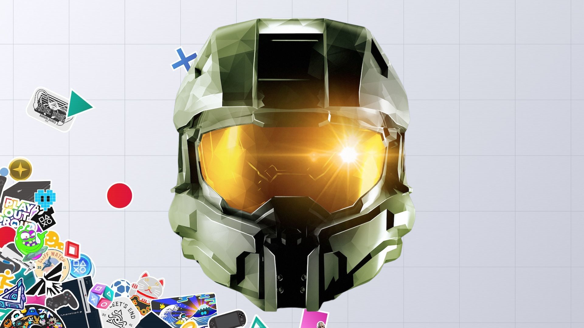 Halo's Master Chief's head on a PlayStation themed background