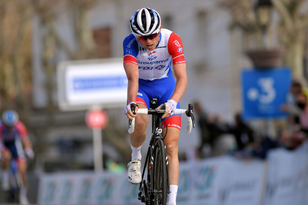 FAYENCE FRANCE FEBRUARY 20 Arrival David Gaudu of France and Team Groupama FDJ during the 53rd Tour Des Alpes Maritimes Et Du Var Stage 2 a 1689km stage from Fayence to Fayence 357m letour0683 on February 20 2021 in Fayence France Photo by Luc ClaessenGetty Images