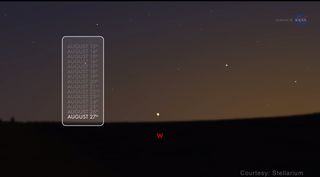 This simulated image shows the separation between Venus and Jupiter on Aug. 27, 2016. The two planets look like one bright spot just above the horizon. For some viewers, the planets will be separated by no more than 1/15th of a degree on the sky.