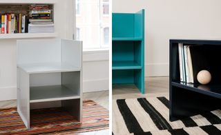 LEFT: White shelf photographed with a book shelf in the background next to a window. RIGHT: green shelf photographed against a white wall, next to a black shelf on a black and white rug