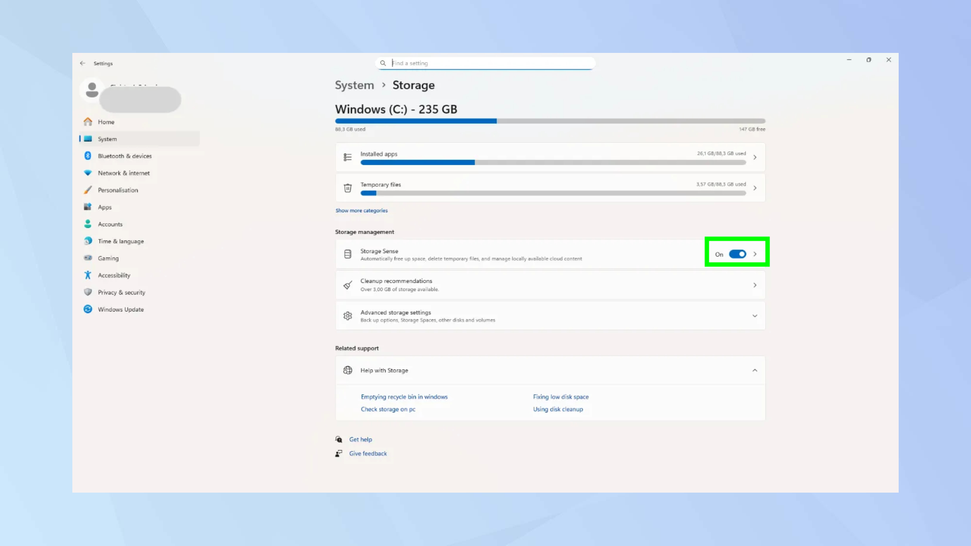 Enable storage sense on Windows 11