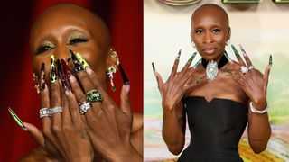 A photo of Cynthia Erivo showing off her Elphaba-inspired Wicked press tour manicures.