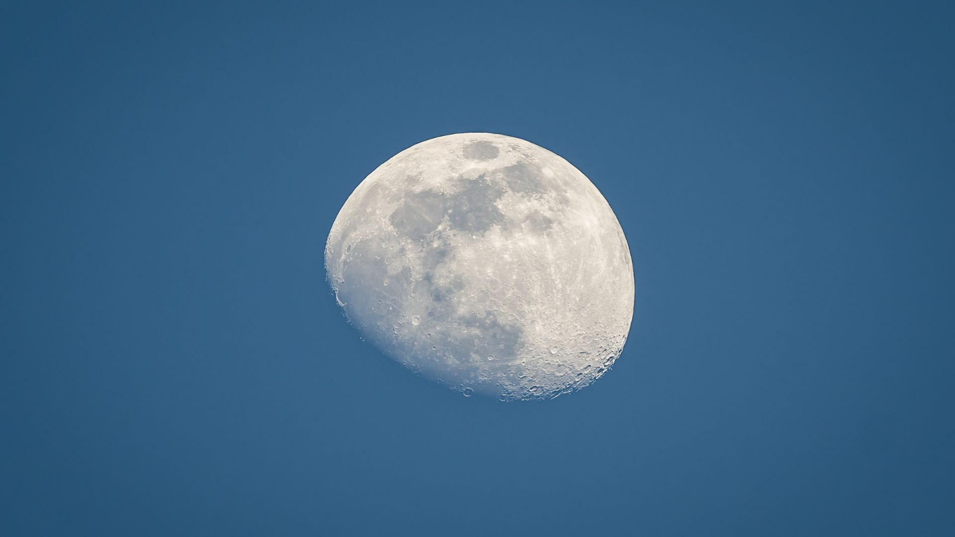 an almost fully illuminated moon, the bottom portion is obscured. Against a deep blue daytime sky.