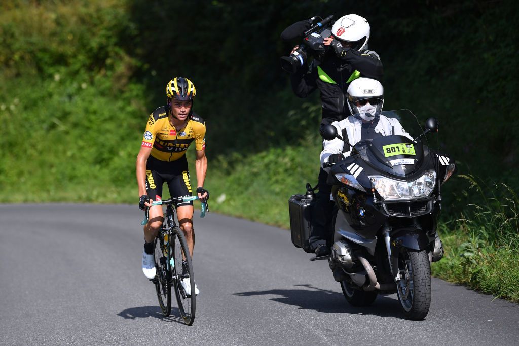 MEGEVE FRANCE AUGUST 16 Sepp Kuss of The United States and Team Jumbo Visma Breakaway during the 72nd Criterium du Dauphine 2020 Stage 5 a 1535km stage from Megeve to Megeve 1458m dauphine Dauphin on August 16 2020 in Megeve France Photo by Justin SetterfieldGetty Images
