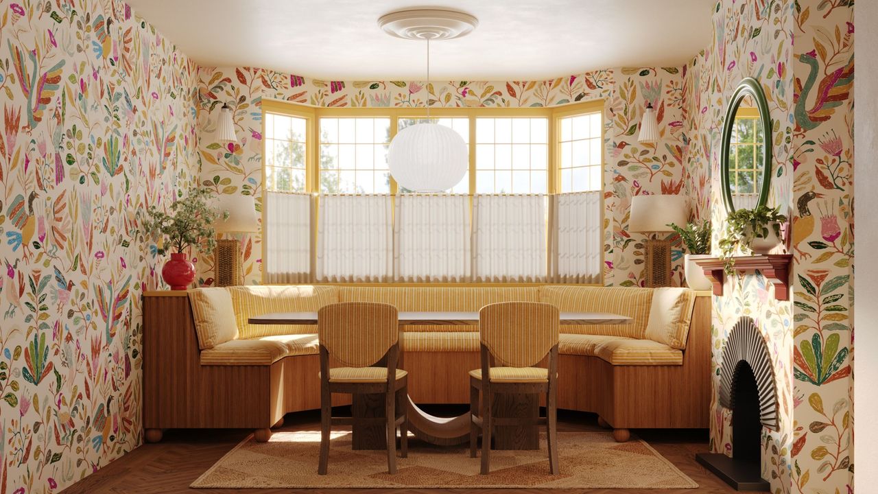 wallpapered dining room