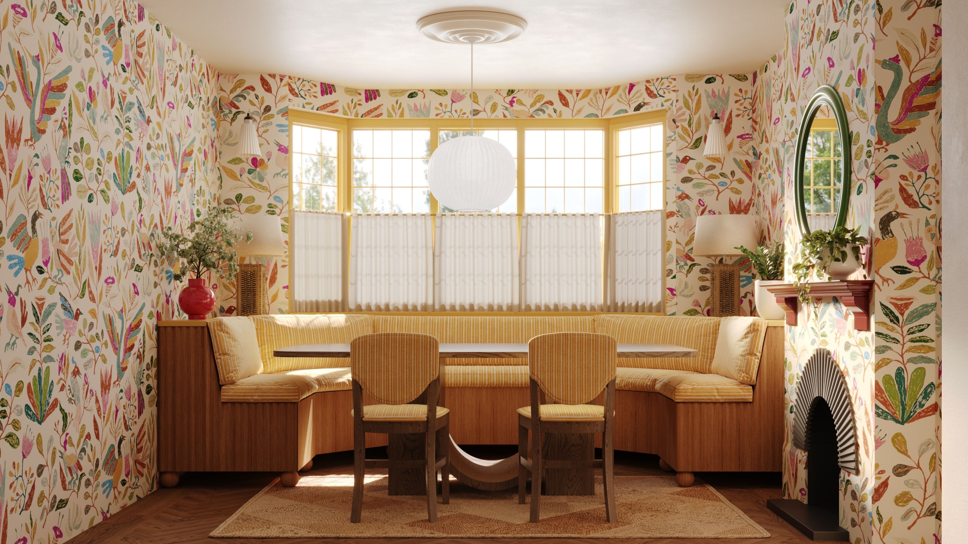 A dining nook with colorful floral wallpaper, yellow banquette seating and yellow window trim. 