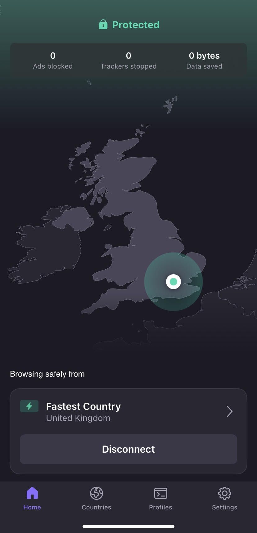 Proton VPN's iOS app showing that the user is connected to the fastest country for them, which is the United Kingdom