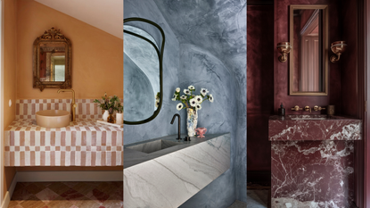 three different beautiful bathrooms with striking countertops