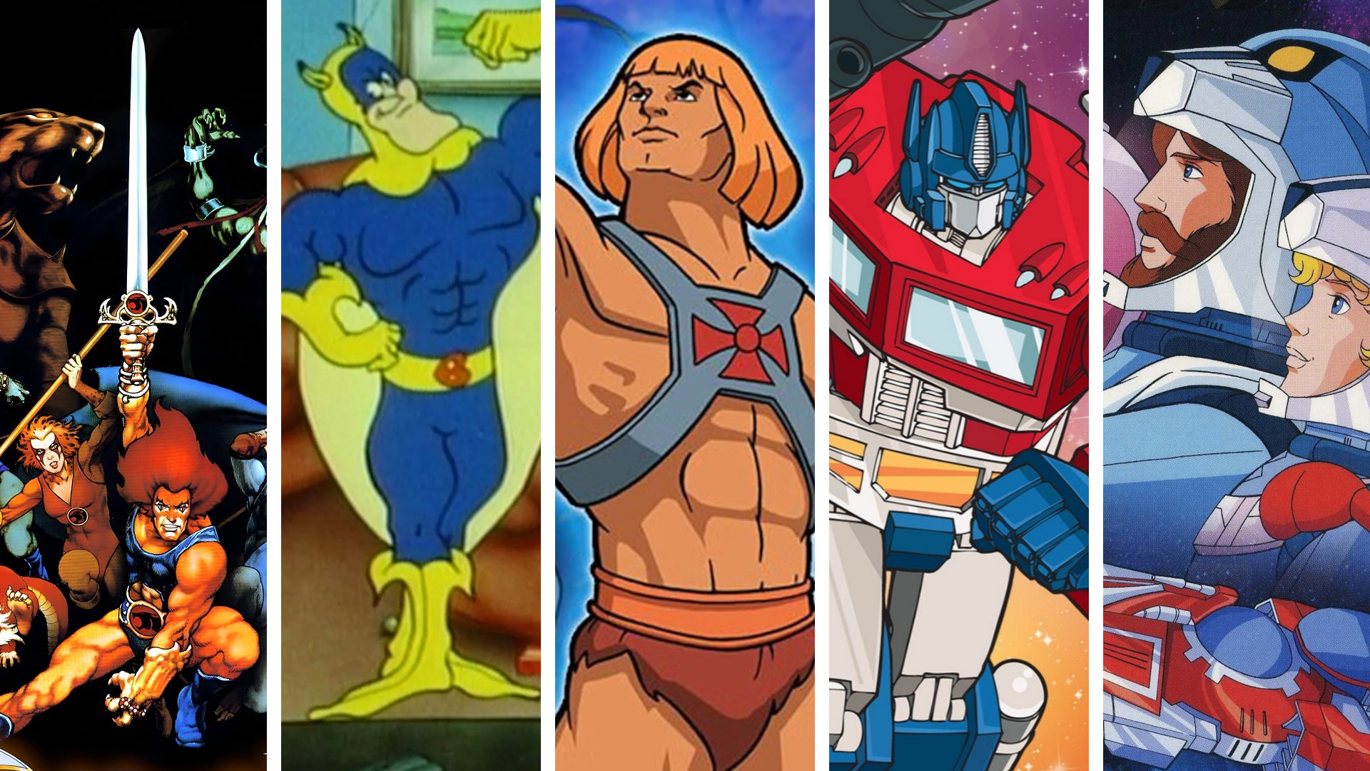 Split image showing five sci-fi cartoons from the 80s and 90s: Thundercats, Bananaman, He-Man, Transformers, and Ulysses 31