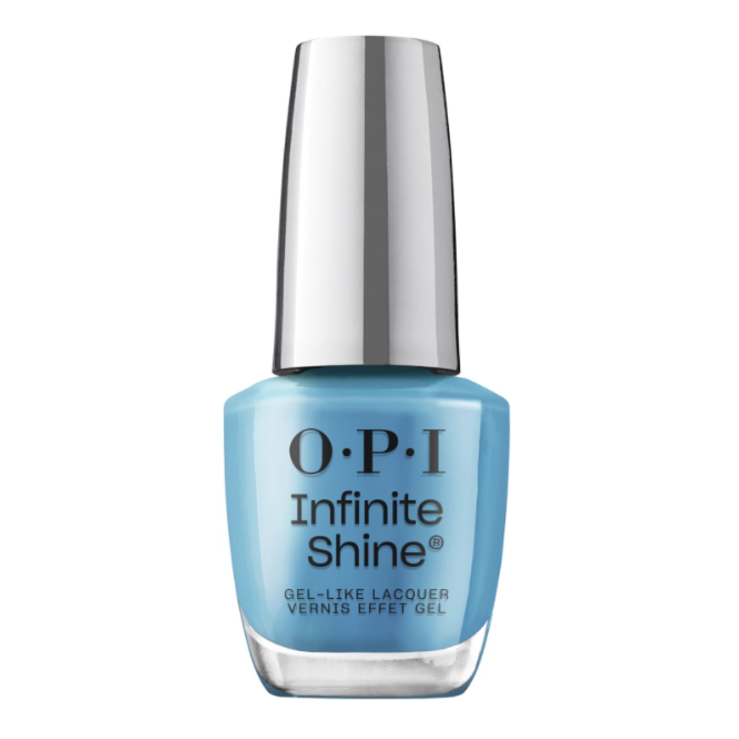 A product shot of the OPI Infinite Shine Gel-Like Nail Varnish in Shade Never Leavin' Blue (a cool, bright blue), on a white background