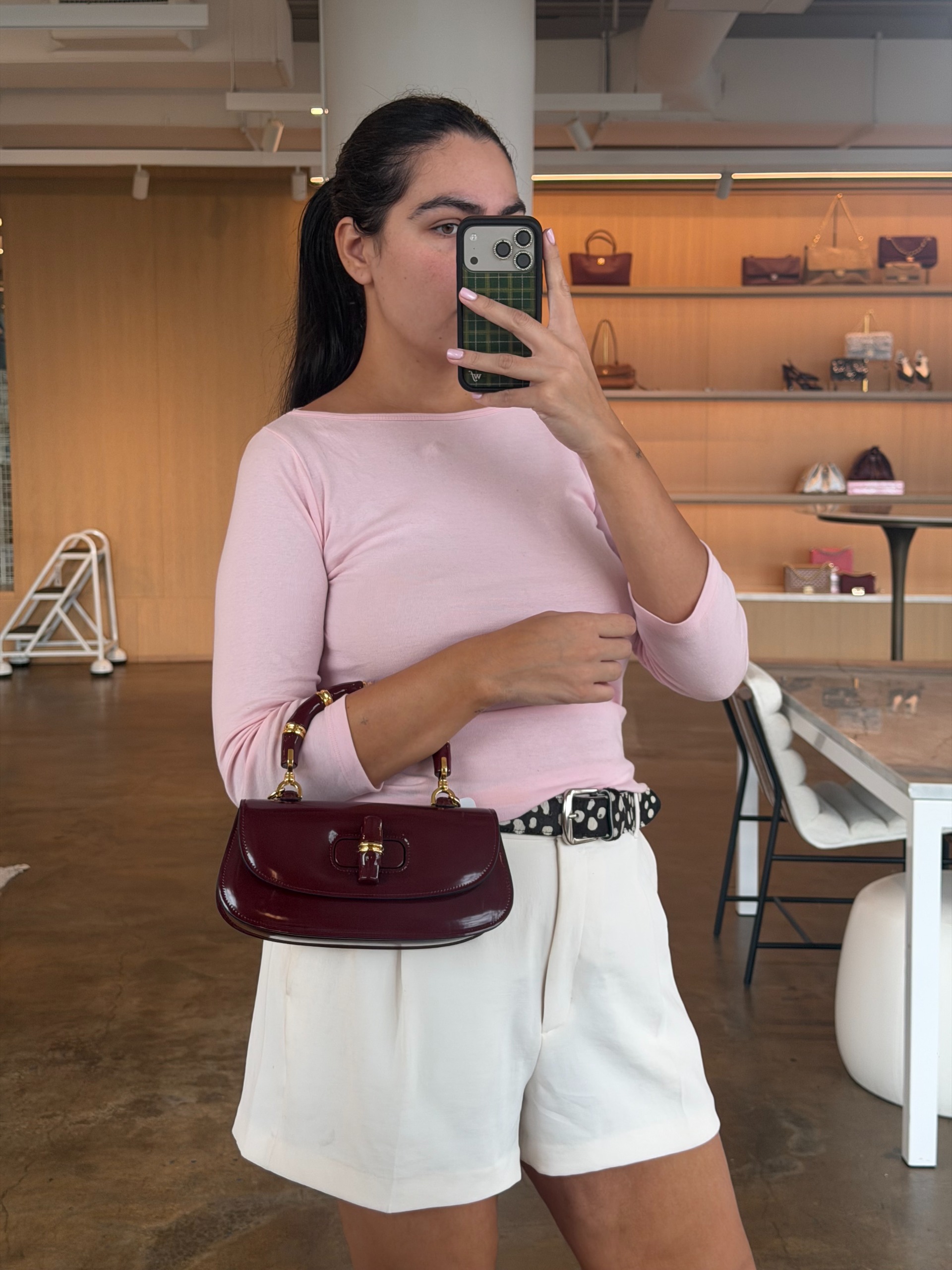 Who What Wear editor Ana Escalante wearing a Gucci Medium Bamboo Diva Bag.