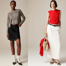 models wear j.crew cashmere. first model wears white cashmere sweater and pleated skirt, second wore leopard print cashmere sweater and black skirt, and last one wore a red shell and white column skirt