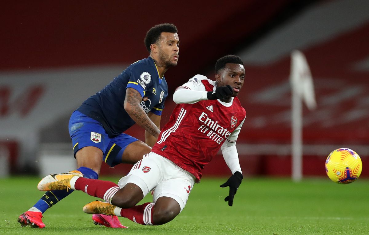 Southampton&#039;s Ryan Bertrand and Arsenal&#039;s Eddie Nketiah (right) battle for the ball during the Premier League match at the Emirates Stadium, London.