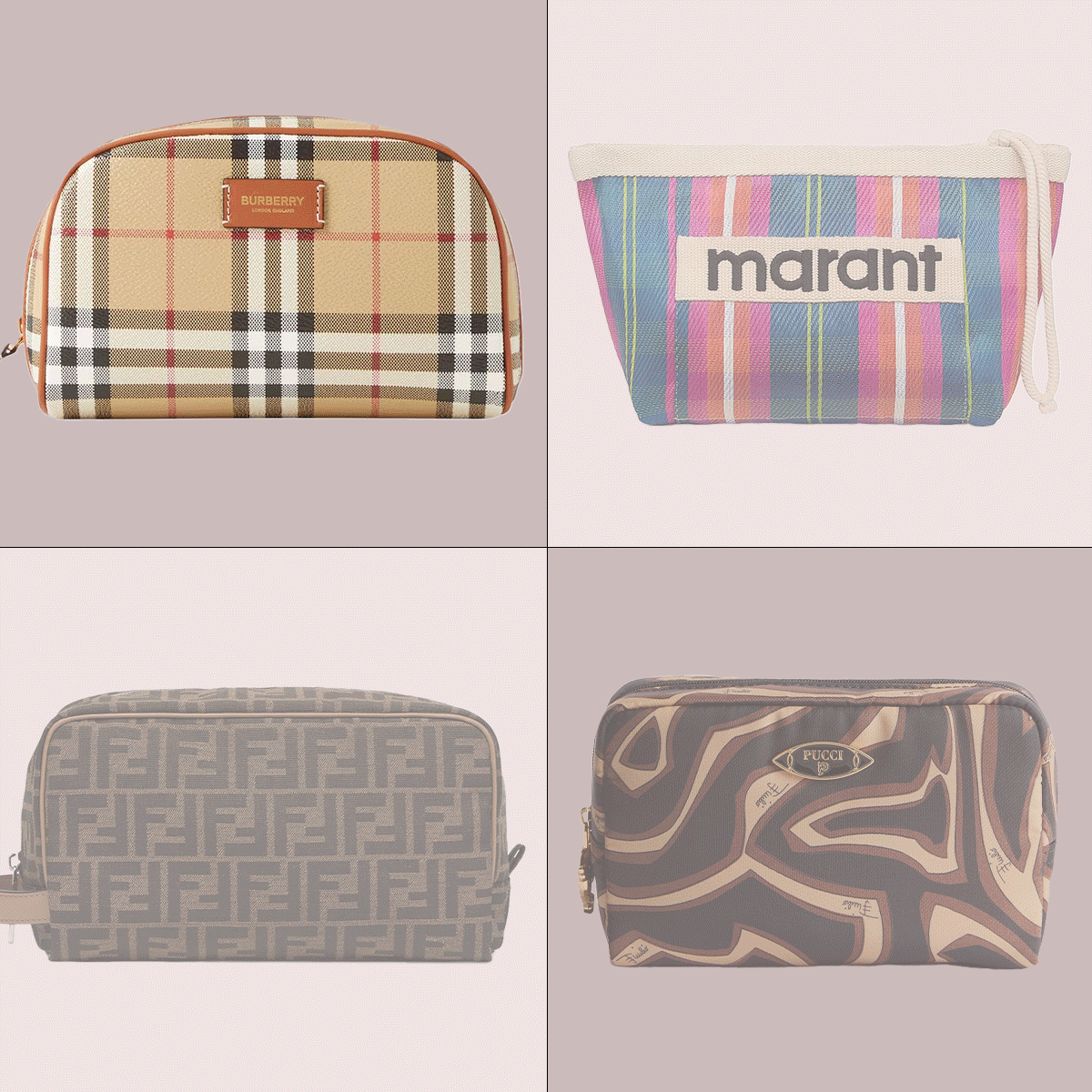 Designer makeup bags by Burberry, Marant, Fendi, and Pucci