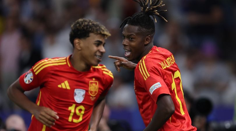 Lamine Yamal and Nico Williams celebrate after combining for a Spain goal against England in the final of Euro 2024.