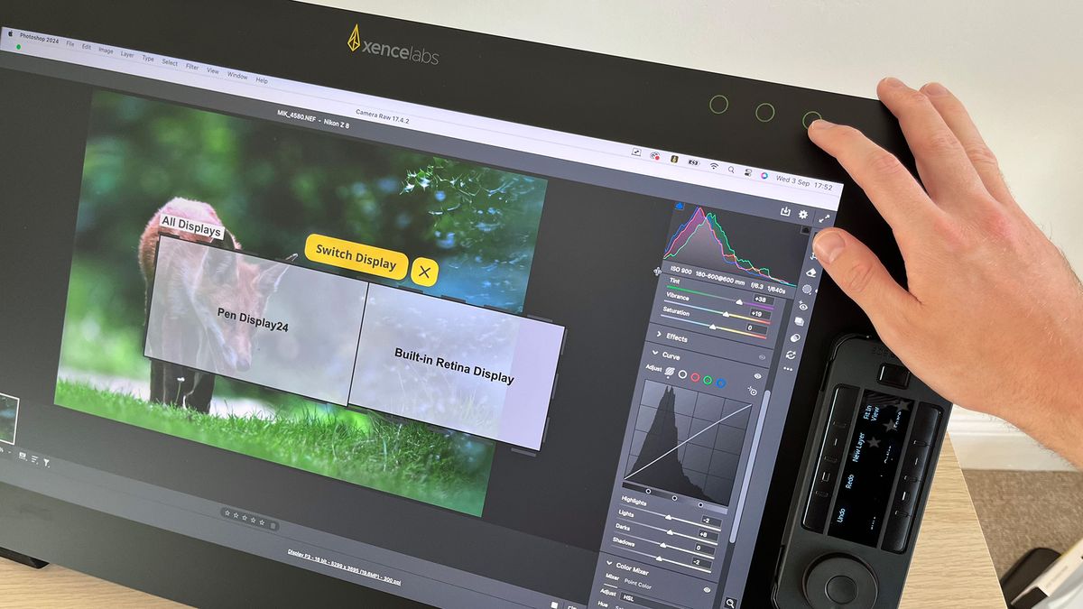 Hand using touch buttons on Xencelabs Pen Display 24+ with image of fox on the screen