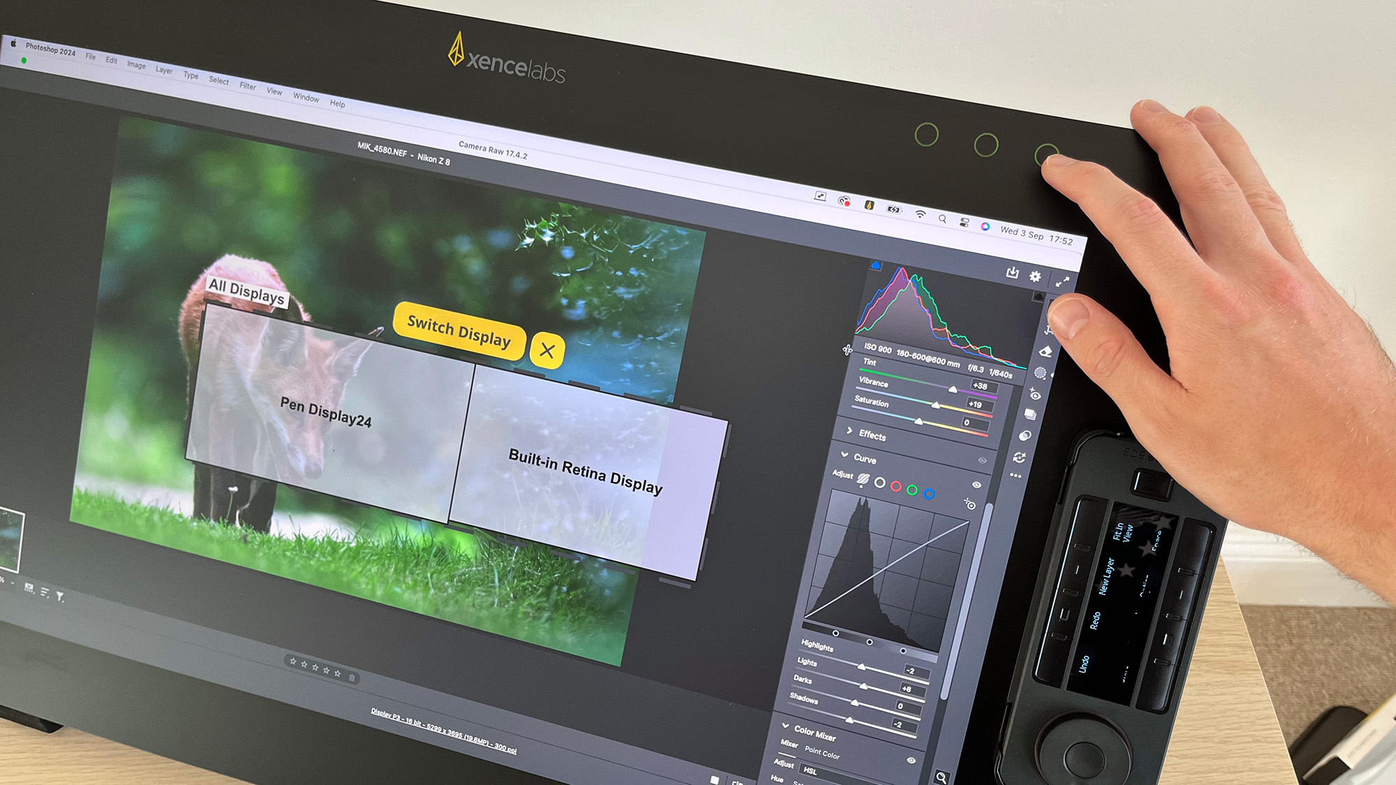 Hand using touch buttons on Xencelabs Pen Display 24+ with image of fox on the screen
