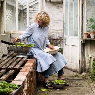 Kate Humble in greenhouse with beans