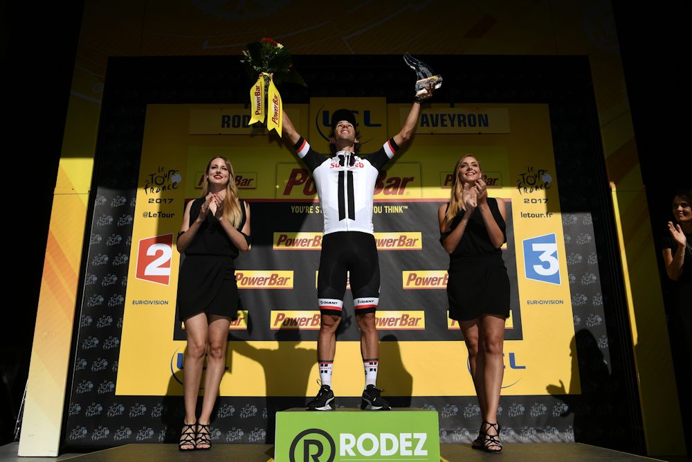Michael Matthews on the podium after winning stage 14 at the Tour de France