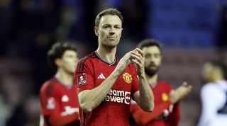 Jonny Evans of Manchester United after the Emirates FA Cup Third Round match between Wigan Athletic and Manchester United at DW Stadium on January 8, 2024 in Wigan, England.