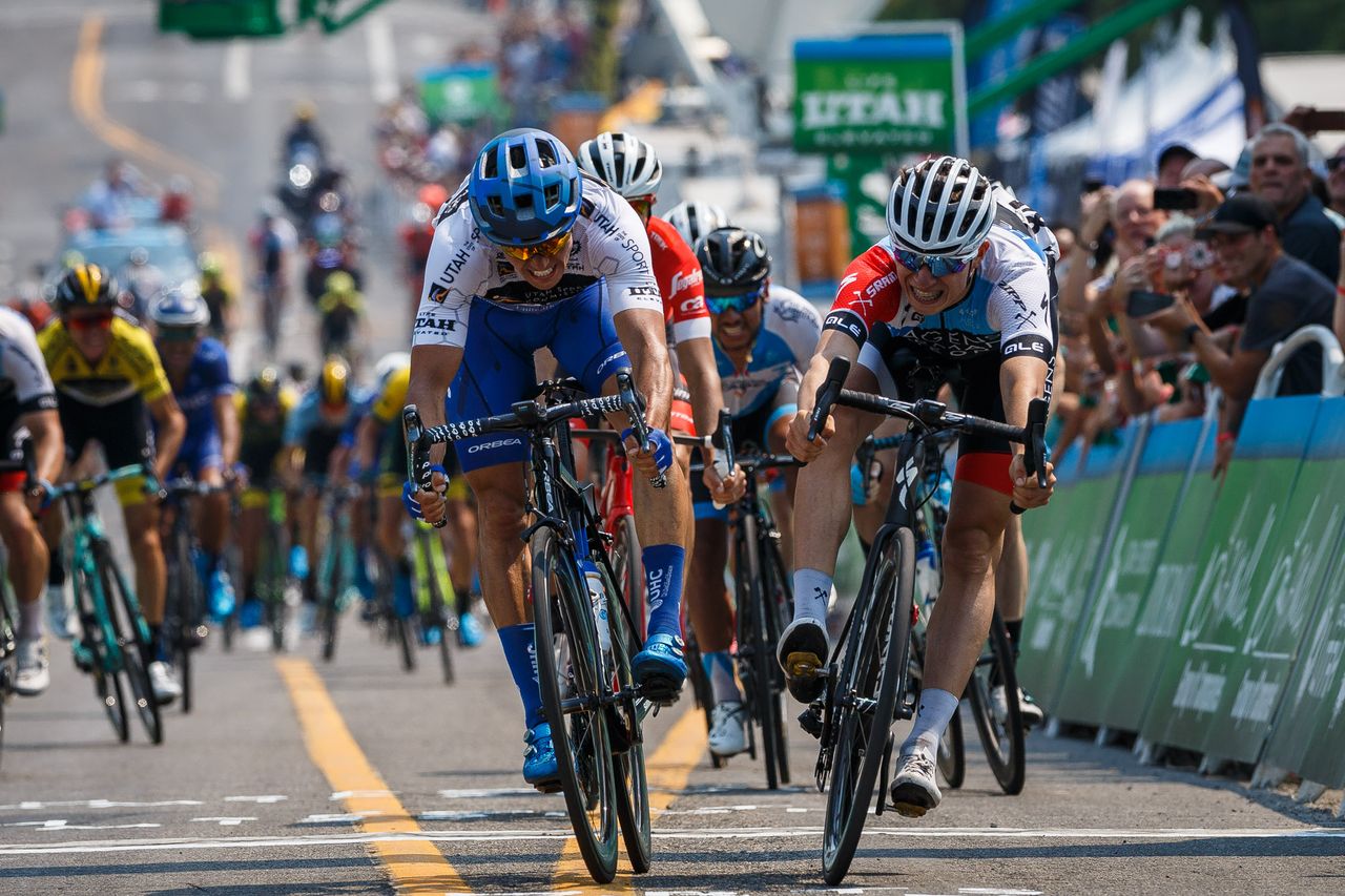 Jasper Philipsen (Hagens Berman Axeon) beats Travis McCabe (UnitedHealthcare) with a bike throw to take the stage 4 win at the 2018 Tour of Utah.