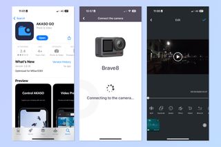 Screenshots of the Akaso Go app. The first is showing the Akaso Go Apple App Store page, the second shows the Brave 8 being connected in-app, the third shows some night footage being edited in the app.