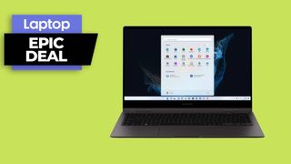 Samsung Galaxy Book 2 Pro 360 laptop against a green background