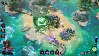 Two purple beams of light shoot out from the player's character. They are directed towards skeletons emerging from a green portal inside a wooden shed, housed on a small desert island.