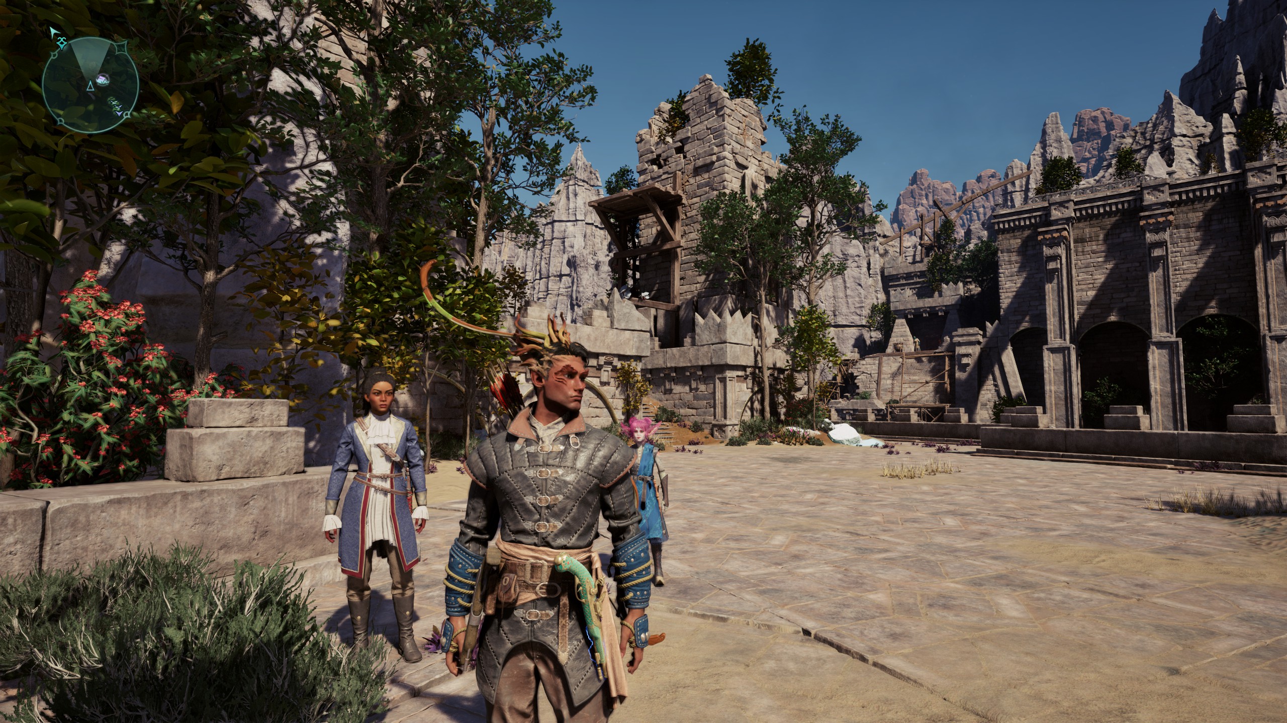 Avowed Envoy, Giatta, and Yatzli standing amid Dwarven ruins during the day in Avowed.