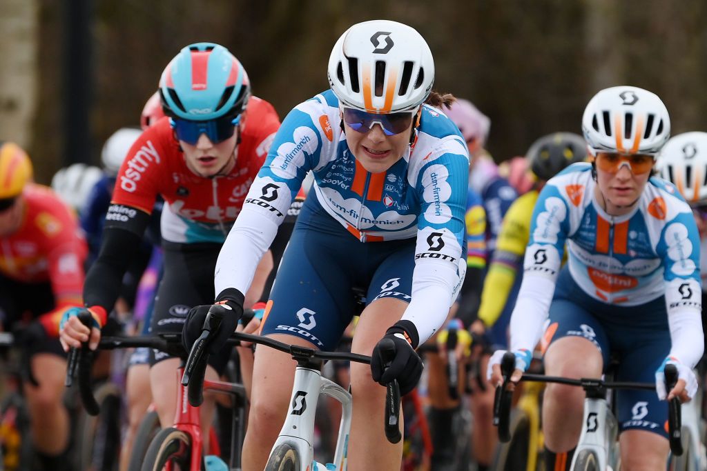 NINOVE BELGIUM FEBRUARY 24 Daniek Hengeveld of The Netherlands and Team DSMFirmenich PostNl during the 16th Omloop Het Nieuwsblad 2024 Womens Elite a 1271km one day race from Ghent to Ninove UCIWWT on February 24 2024 in Ninove Belgium Photo by Alex BroadwayGetty Images