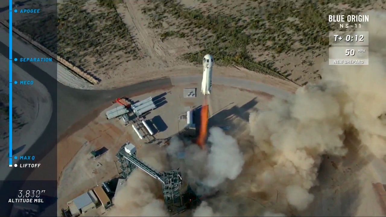 Blue Origin's New Shepard rocket and spacecraft lift off from the company's West Texas launch site on May 2, 2019.