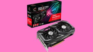 Asus Radeon RX 6600 XT på en rosa bakgrunn med kortets eske i bakgrunnen