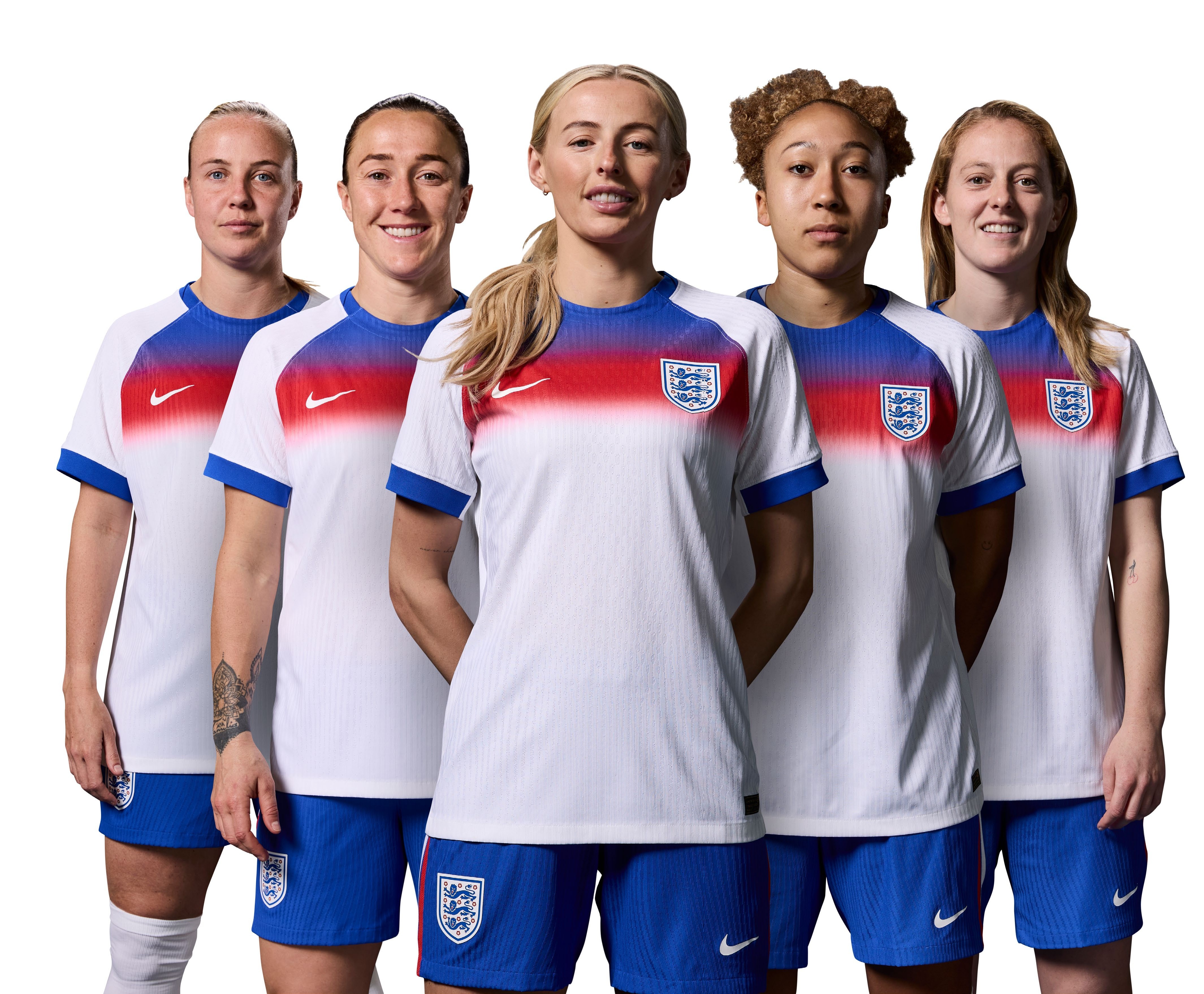 England women: A group of five female soccer players wearing England national team jerseys, showcasing unity and strength in women's football.