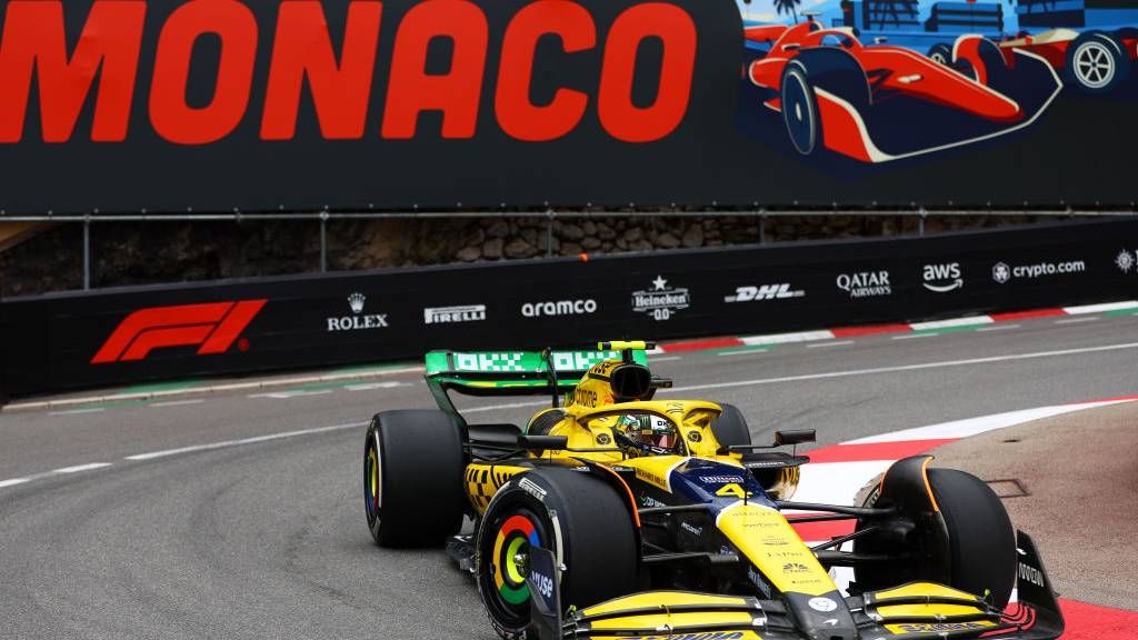 Lando Norris of Great Britain driving the (4) McLaren MCL38 Mercedes on track during practice ahead of the F1 Grand Prix of Monaco 