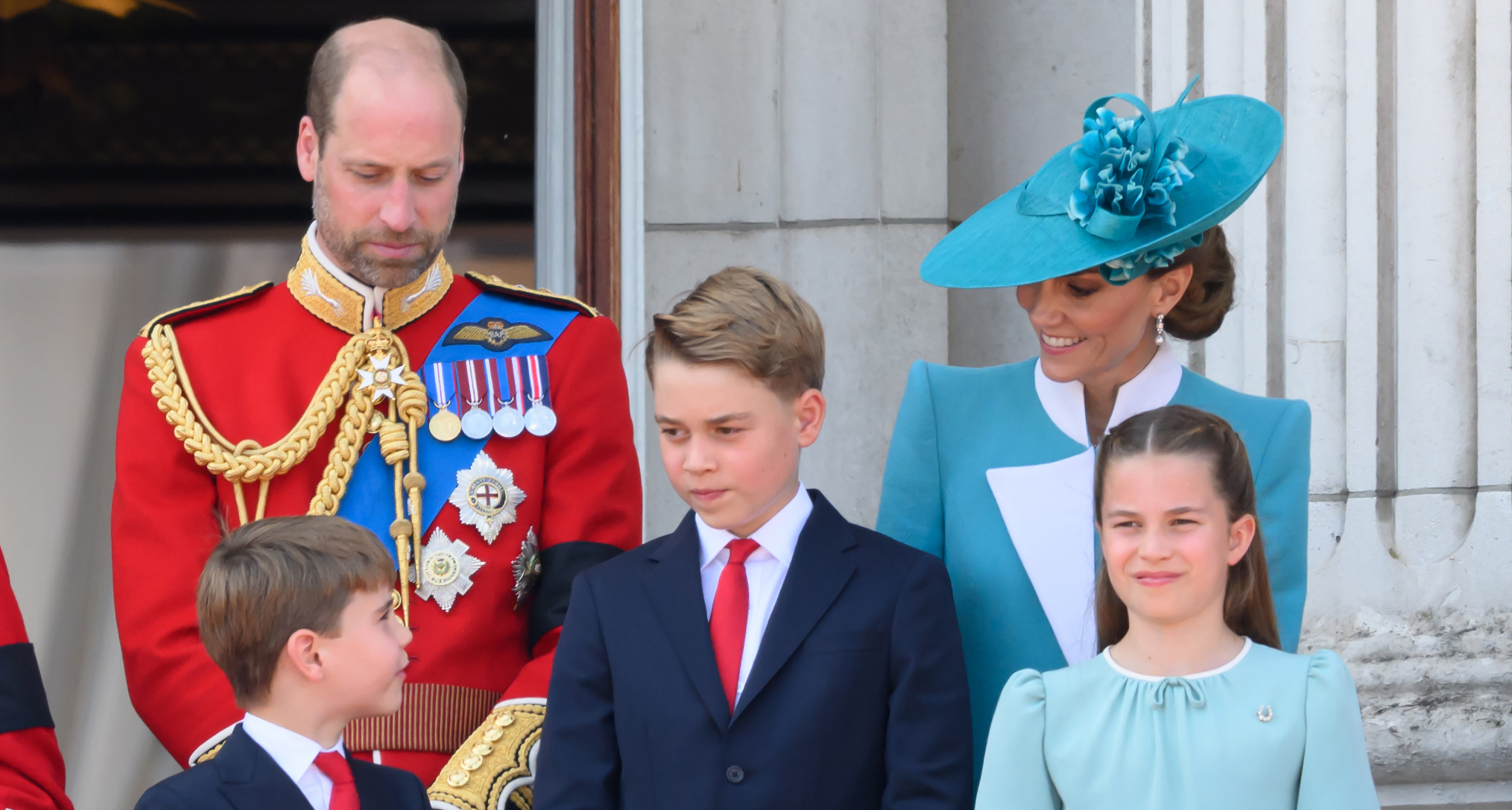 Prince William, Princess Kate, Prince George, Princess Charlotte and Prince Louis on the balcony of Buckingham Palace at Trooping the Colour