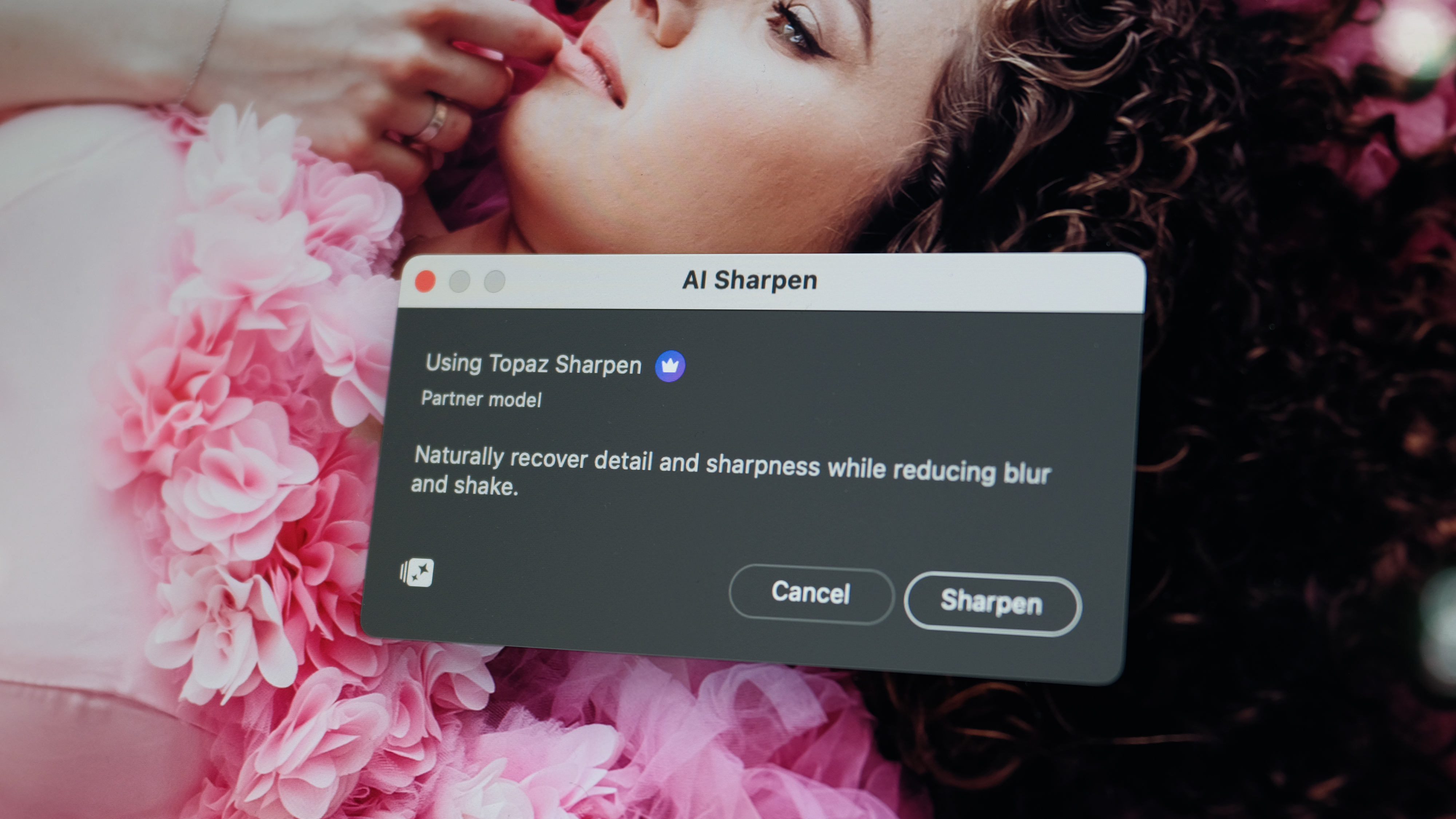 A photo of AI Sharpen using Topaz Labs in Photoshop 2026