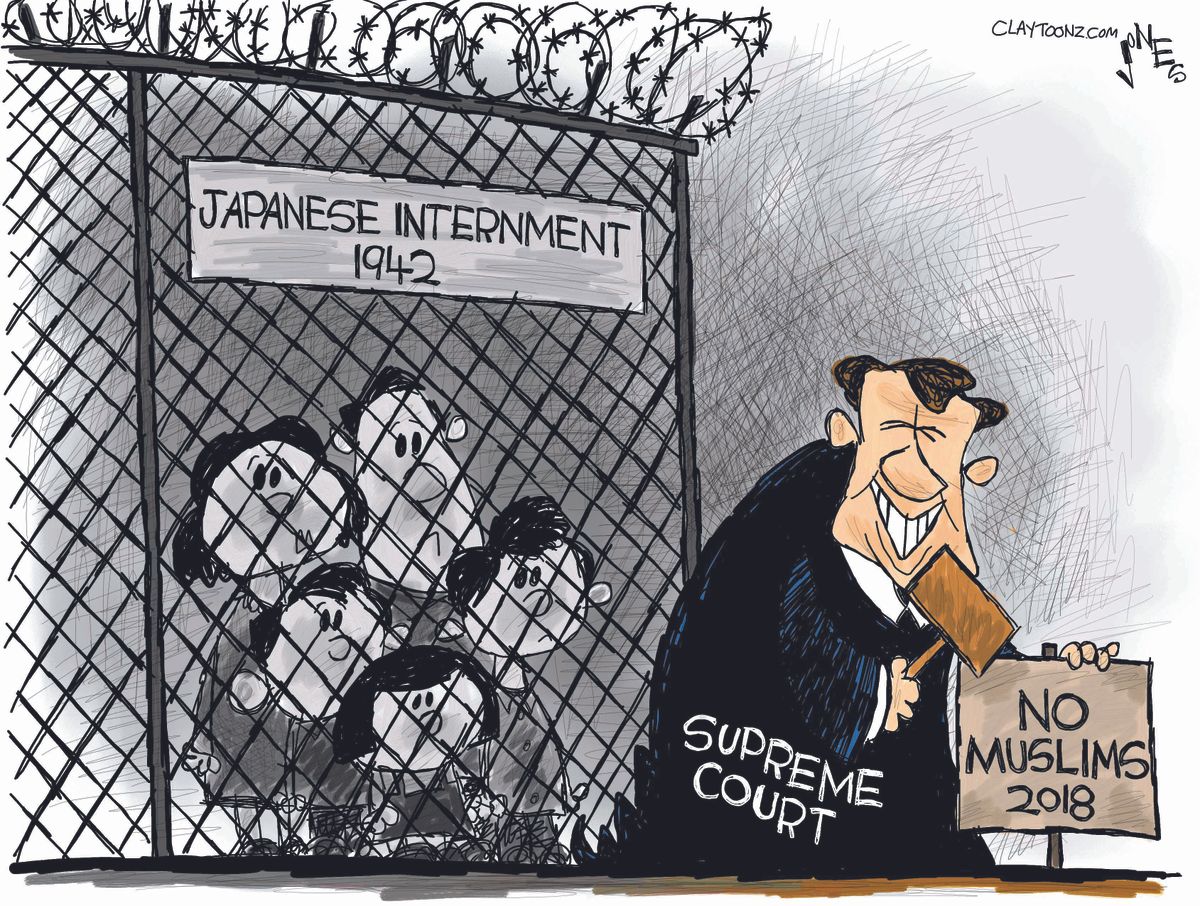 Political cartoon U.S. Supreme Court Japanese internment Muslim ban ...