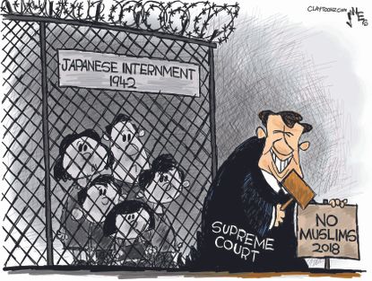 Political cartoon U.S. Supreme Court Japanese internment Muslim ban