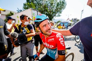 Victor Campenaerts of Lotto Dstny celebrates after winning stage 18 of the 2024 Tour de France