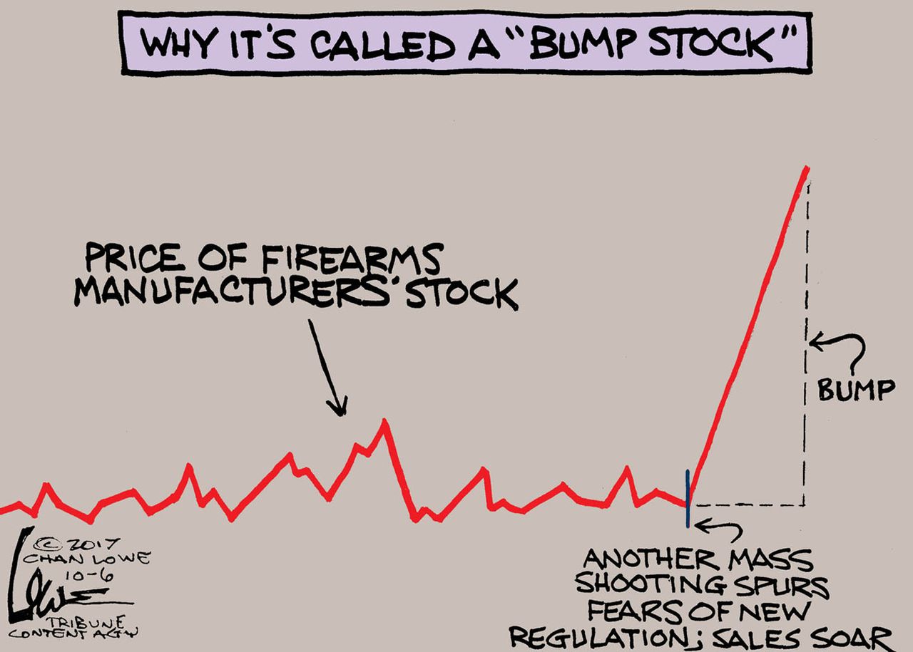 Political cartoon U.S. bump stock gun control profits shootings