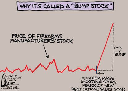 Political cartoon U.S. bump stock gun control profits shootings