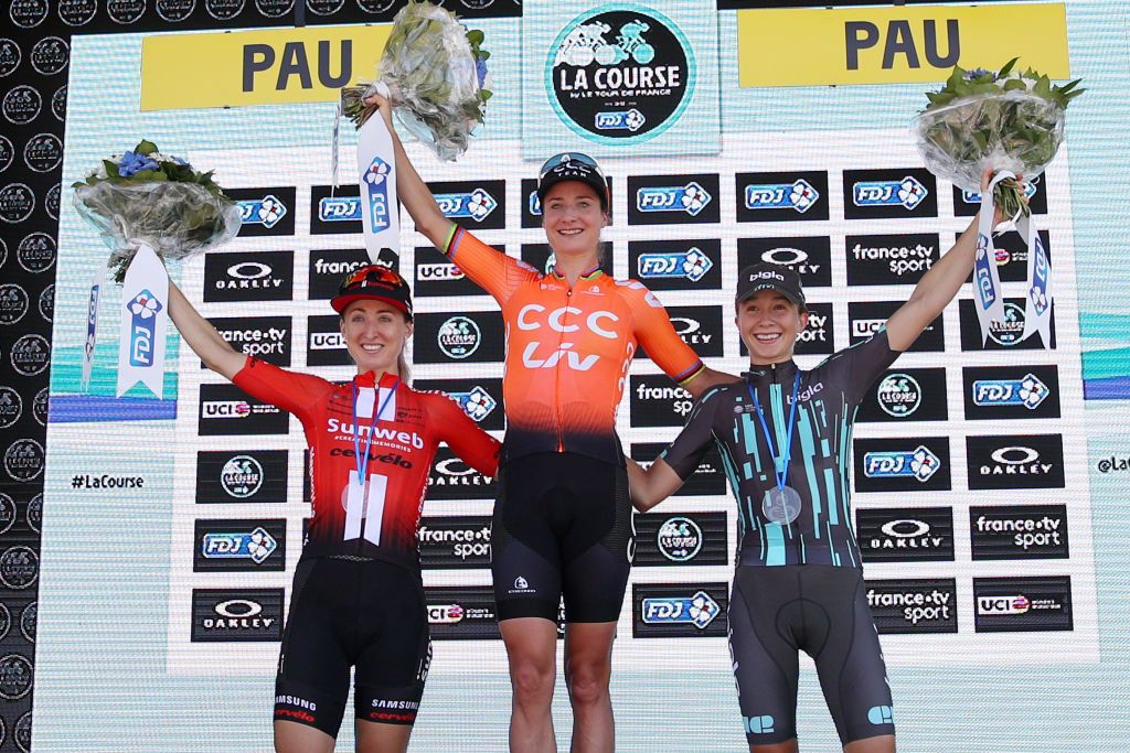 Leah Kirchmann (Team Sunweb), Marianne Vos (CCC-Liv) and Cecilie Uttrup Ludwig (Bigla) enjoy the moment on the podium